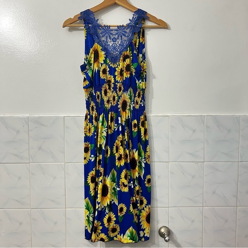 Womens Sleeveless Dress Size S Blue Sunflower Fairy Cottagecore Feminine Boho - Picture 6 of 8